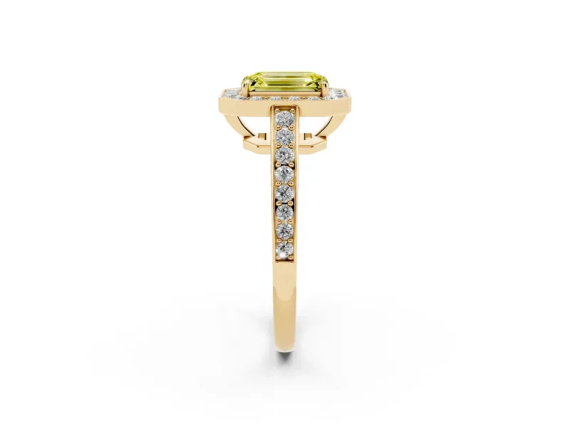 Emerald Cut Framed Halo Engagement Ring Setting for a Fancy Yellow Lab-Grown Diamond | Yellow Gold