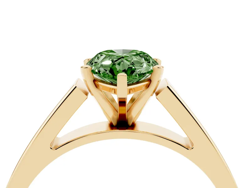 Fancy Green Pear Cut Diamond Solitaire Engagement Ring Set in Yellow gold with Prong Setting and Tapered Band