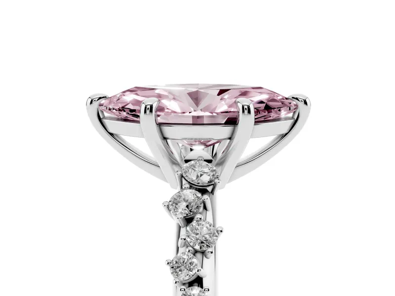 Fancy Pink Marquise Cut Diamond Solitaire Vine Band Ring Set in White gold with Round Accents and Prong Setting