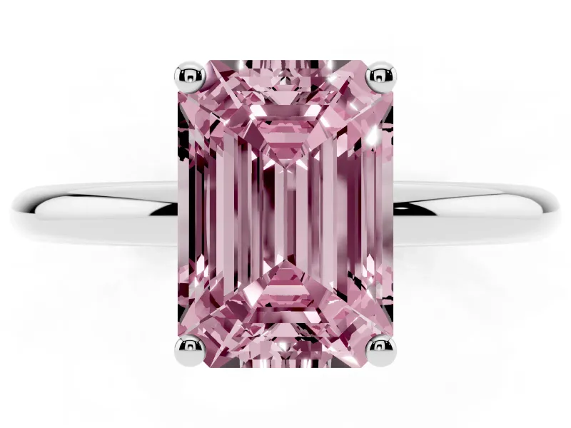 Fancy Pink Emerald Cut Diamond Solitaire Engagement Ring Set in Platinum with Prong Setting and Polished Band