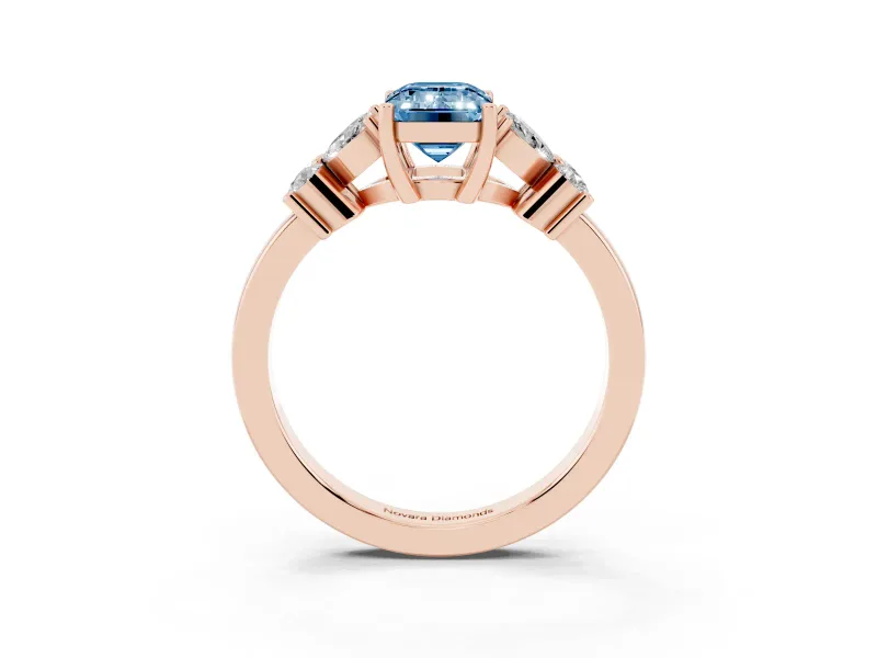 Fancy Blue Emerald Cut Diamond Floral Cluster Ring Set in Rose gold with Marquise Petals and Prong Setting