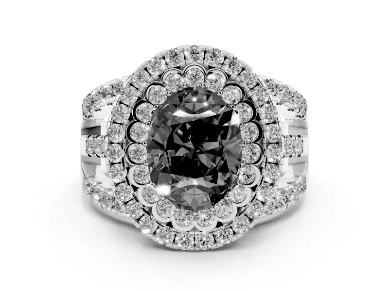 Fancy Black Oval Cut Diamond Double Halo Ring Set in Platinum with Round Pavé Split Shank