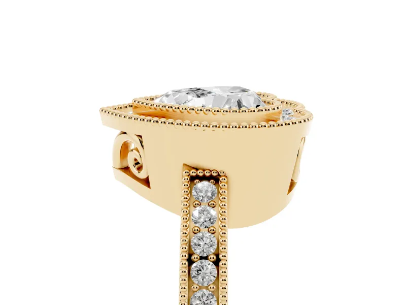 Heart Cut Diamond Halo Ring Set in Yellow gold with Pavé Band and Milgrain-Edged Prongs