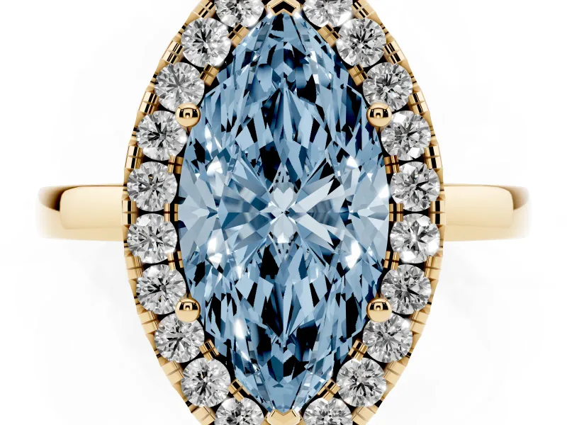 Marquise Thin Halo Engagement Ring Setting for a Fancy Blue Lab-Grown Diamond | Plain Polished Band | Yellow Gold