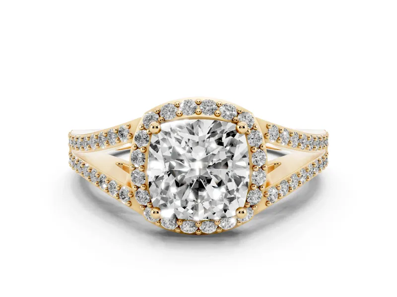Cushion Cut Diamond Halo Split Shank Pavé Ring Set in Yellow gold with Prong Setting