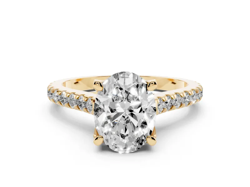 Oval Cut Diamond Solitaire Ring Set in Yellow gold with Brilliant Pavé Band and Prong Setting
