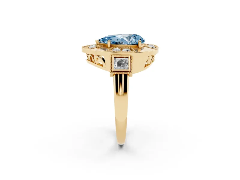 Fancy Blue Pear Cut Diamond Milgrain Halo Ring Set in Yellow gold with Split Shank