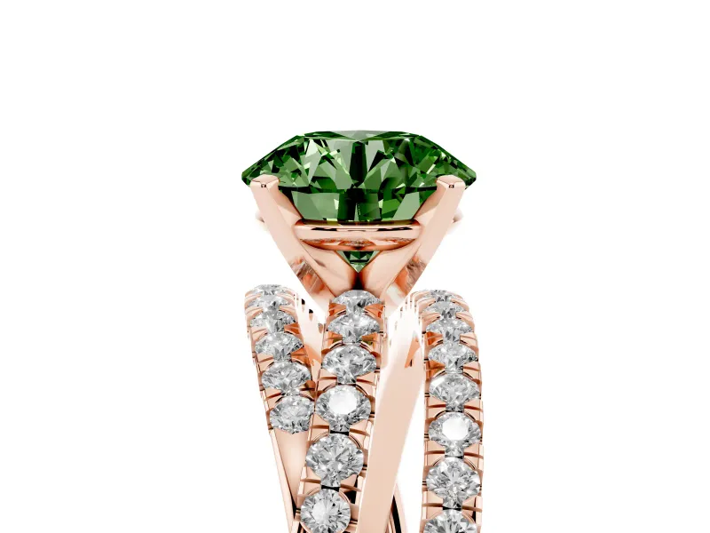 Fancy Green Round Cut Diamond Solitaire Twist Band Ring Set in Rose gold with Pavé Setting and Prong Head
