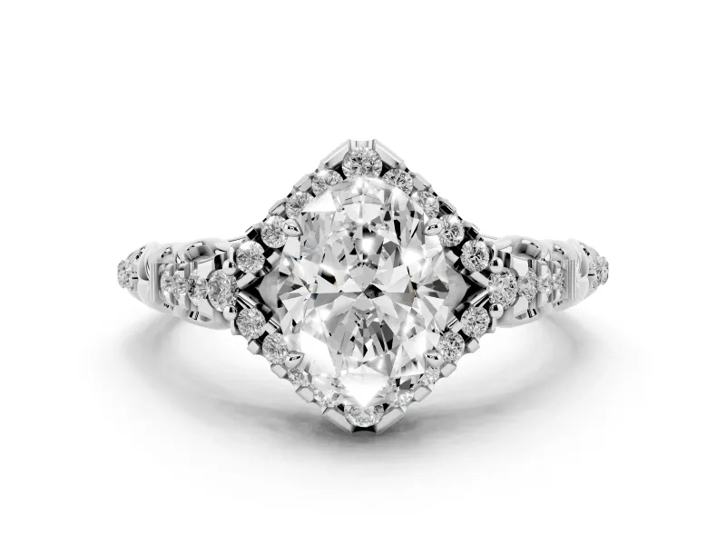 Oval Cut Diamond Solitaire Ring Set in White gold with Hidden Halo and Pavé Band
