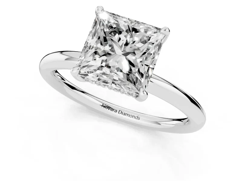 Princess Cut Hidden Halo Engagement Ring Setting | Thin Plain Band | White Gold