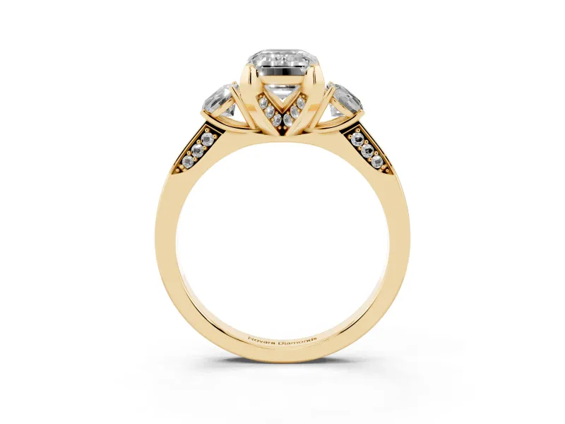 Emerald Cut Hidden Halo Three Stone Engagement Ring Setting for a Fancy Green Lab-Grown Diamond | Yellow Gold