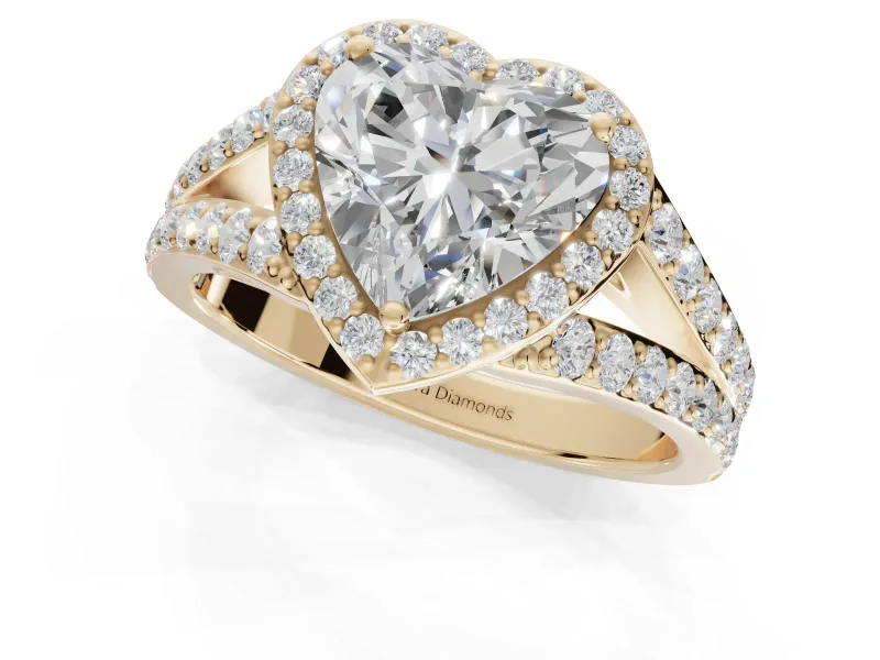 Heart-Shaped Halo Pavé Engagement Ring Setting | Narrow Split Shank | Yellow Gold