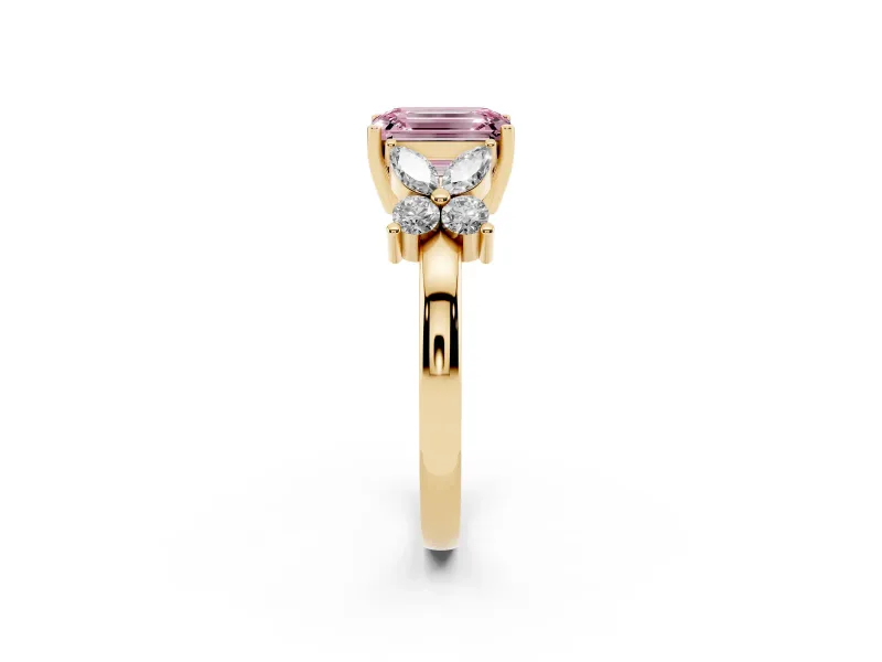 Fancy Pink Emerald Cut Diamond Floral Cluster Ring Set in Yellow gold with Marquise Petals and Prong Setting