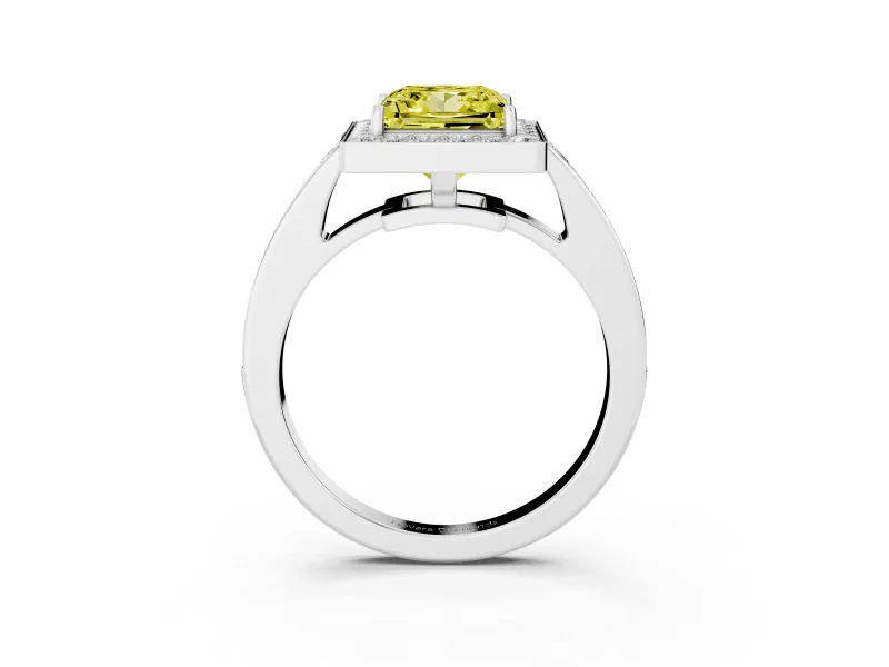 Fancy Yellow Princess Cut Diamond Halo Pavé Engagement Ring Set in Silver with Bezel Setting