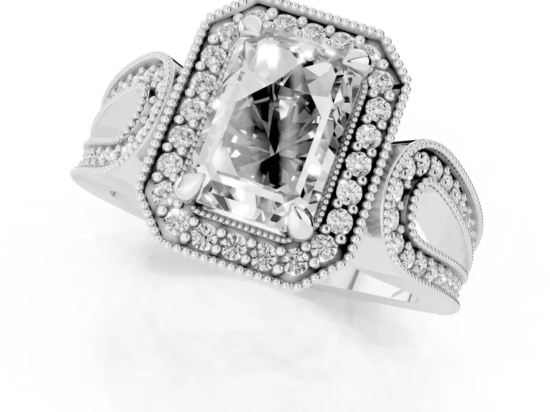 Emerald Cut Milgrain Halo Engagement Ring Setting | Open Loop Shoulders | Sterling Silver