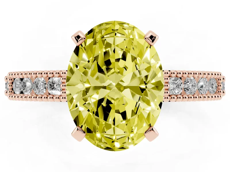 Fancy Yellow Oval Cut Diamond Solitaire Ring Set in Rose gold with Slim Pavé Band and Prong Setting