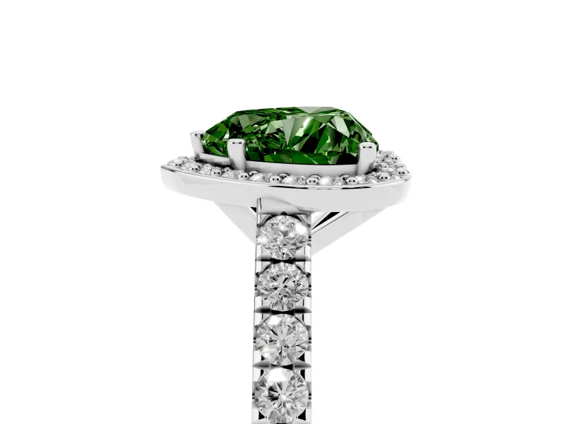 Fancy Green Heart Cut Diamond Halo Engagement Ring Set in White gold with Pavé Band and Prong Setting