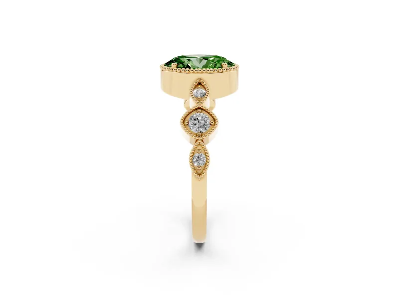 Fancy Green Oval Cut Diamond Vintage-Inspired Milgrain Ring Set in Yellow gold with Marquise Stations of Round Accents