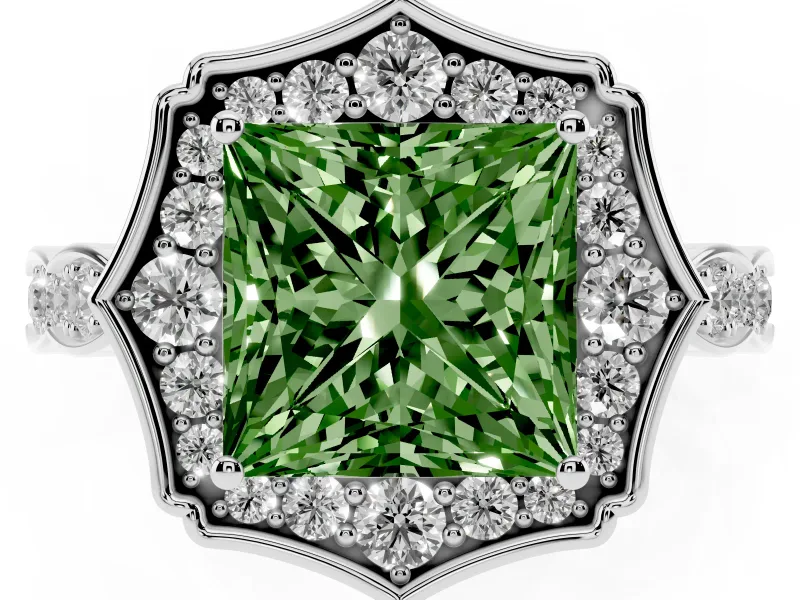 Princess Cut Vintage Scalloped Halo Engagement Ring Setting for a Fancy Green Lab-Grown Diamond | Pave Band | White Gold