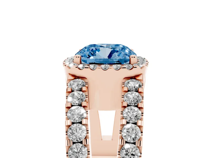 Fancy Blue Cushion Cut Diamond Halo Ring Set in Rose gold with Pavé Split Shank and Prong Setting