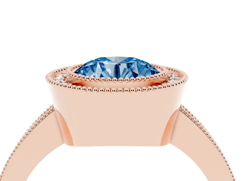 Round Milgrain Halo Engagement Ring Setting for a Fancy Blue Lab-Grown Diamond | Pave Band | Rose Gold