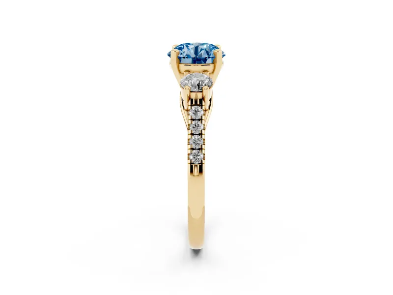 Round Three-Stone Engagement Ring Setting for a Fancy Blue Lab-Grown Diamond | Yellow Gold