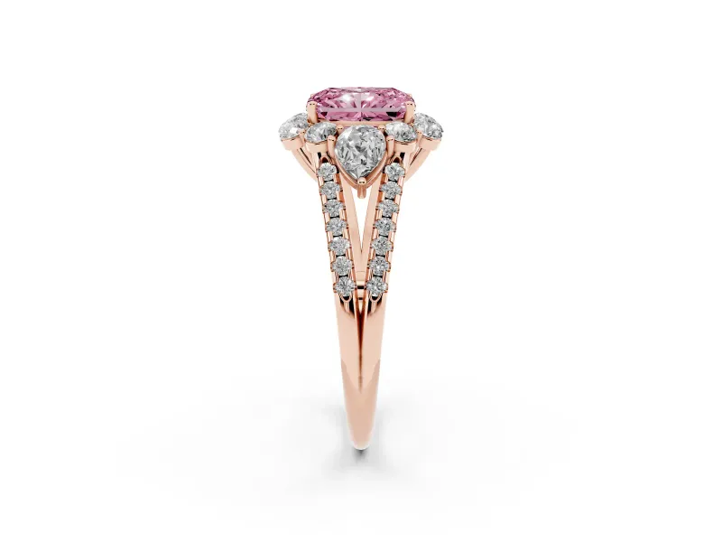 Fancy Pink Radiant Cut Diamond Halo Split Shank Engagement Ring Set in Rose gold with Prong-Held Center Stone