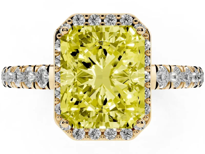 Radiant Cut Halo Pavé Engagement Ring Setting for a Fancy Yellow Lab-Grown Diamond | Yellow Gold