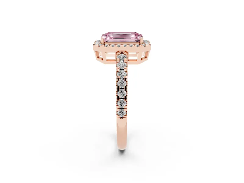 Emerald Cut Halo Engagement Ring Setting for a Fancy Pink Lab-Grown Diamond | Graduated Pavé Band | Rose Gold