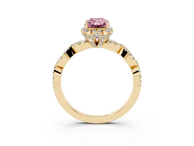 Radiant Cut Milgrain Halo Engagement Ring Setting for a Fancy Pink Lab-Grown Diamond | Graduated Shoulders | Yellow Gold