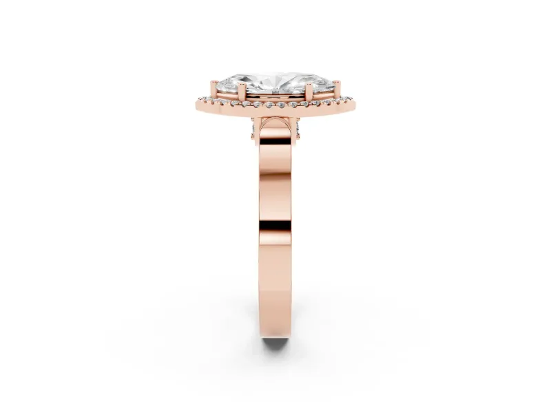 Marquise Cut Diamond Halo Ring Set in Rose gold with Pavé-Lined Split Shank Band