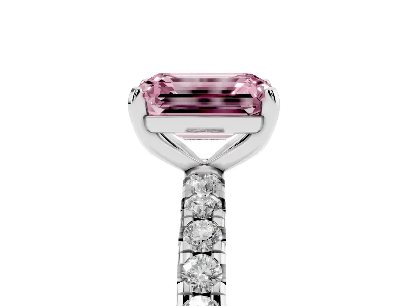 Fancy Pink Emerald Cut Diamond Pavé Solitaire Ring Set in Silver with Round Band and Prong Setting