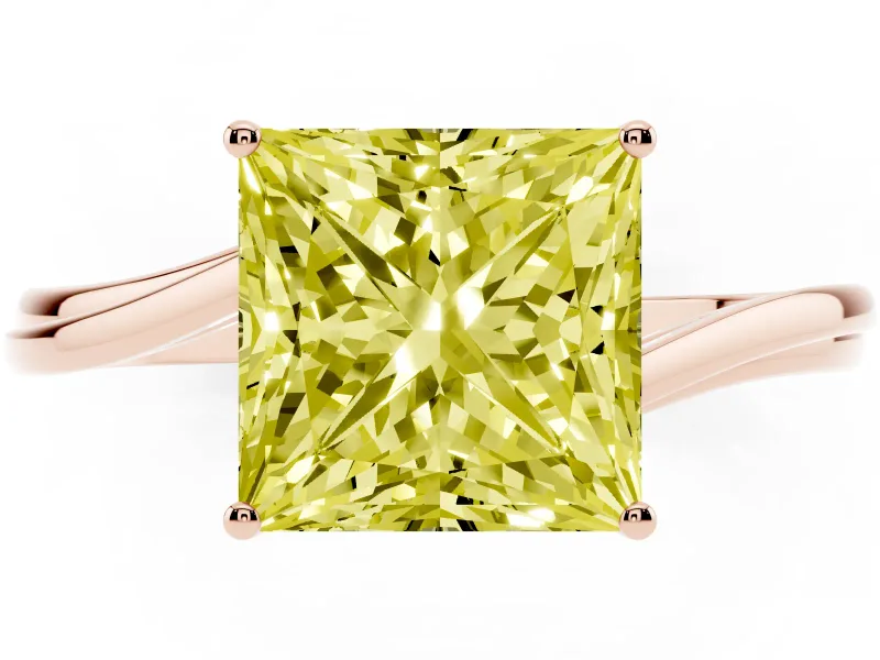 Fancy Yellow Princess Cut Diamond Solitaire Twist Band Ring Set in Rose gold with Prong Setting