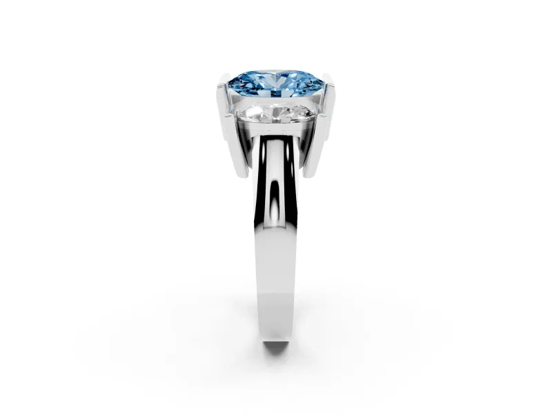 Fancy Blue Oval Cut Diamond Three-Stone Channel Set Ring Set in Silver with Smooth Polished Band