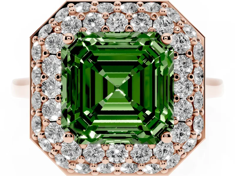 Asscher Cut Pave Halo Engagement Ring Setting for a Fancy Green Lab-Grown Diamond | Slim Plain Band | Rose Gold