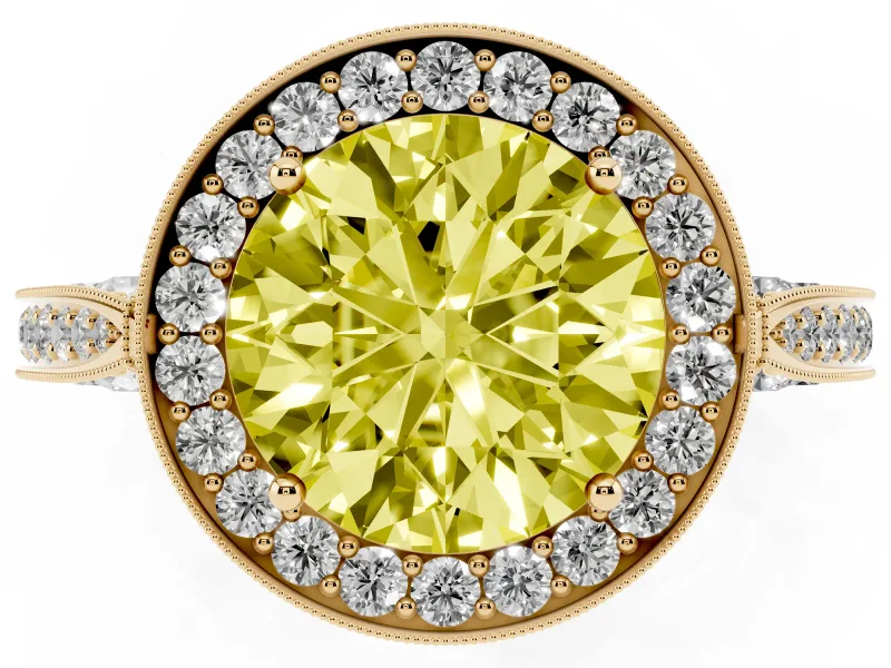 Round Milgrain Halo Engagement Ring Setting for a Fancy Yellow Lab-Grown Diamond | Side Stones | Yellow Gold