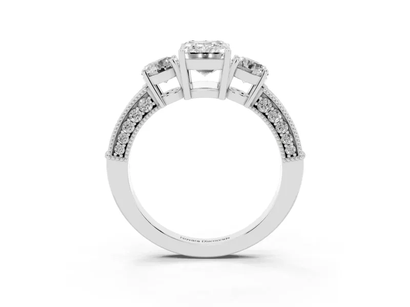 Emerald Cut Diamond Three-Stone Ring Set in White gold with Round Side Stones and Pavé Band