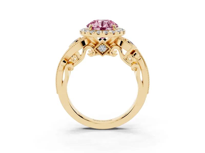 Fancy Pink Round Cut Diamond Halo Ring Set in Yellow gold with Milgrain Pavé Band and Prong Setting