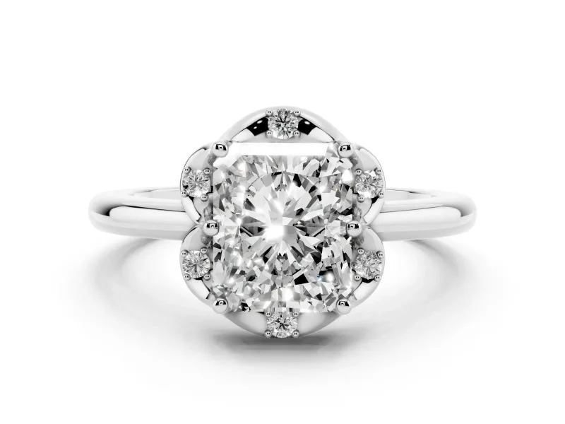 Radiant Cut Diamond Round Cluster Halo Ring Set in Platinum with Solitaire Band and Prong Setting