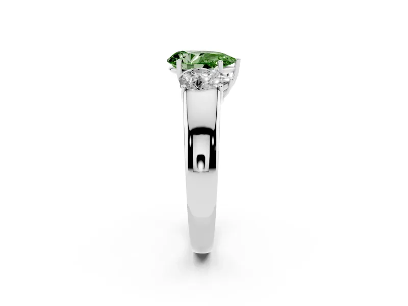 Fancy Green Three-Stone Pear Cut Diamond Ring Set in White gold with Matching Prong Settings and Plain Band