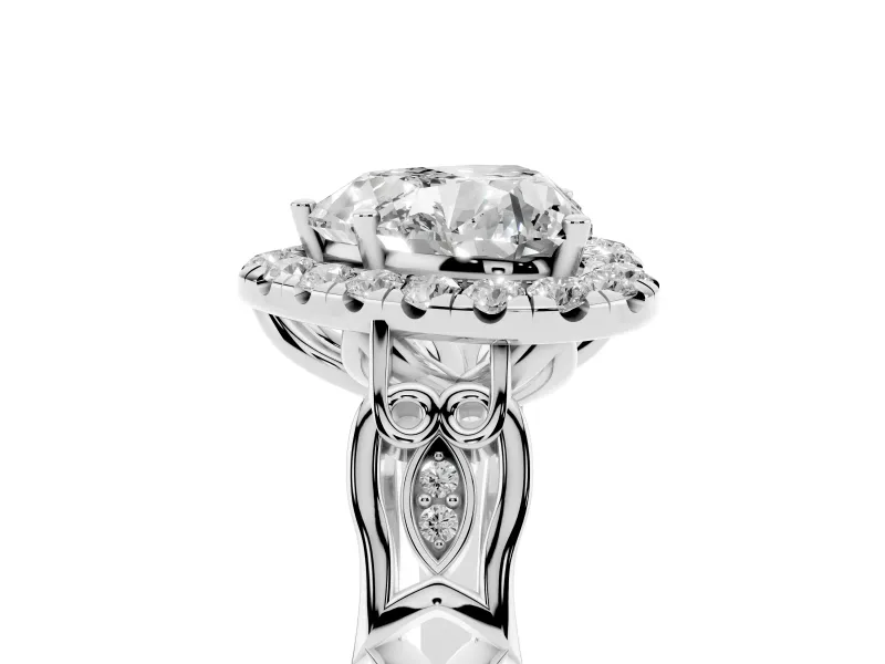 Heart Cut Diamond Halo Engagement Ring Set in Platinum with Filigree Band and Prong-Set Center