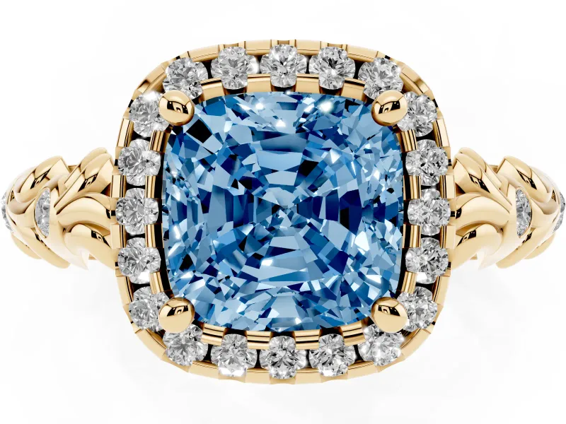 Cushion Cut Leaf Halo Engagement Ring Setting for a Fancy Blue Lab-Grown Diamond | Bezel Accents | Yellow Gold