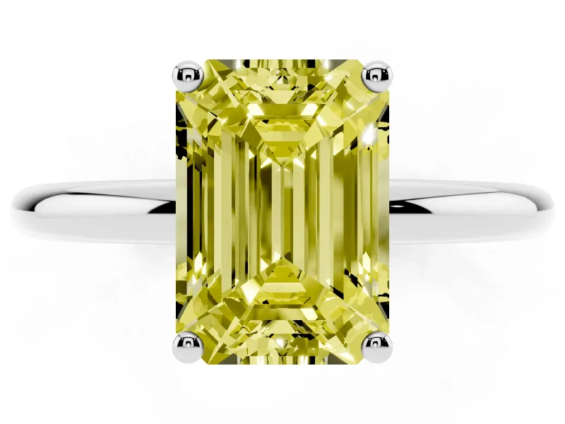 Fancy Yellow Emerald Cut Diamond Solitaire Engagement Ring Set in Platinum with Prong Setting and Polished Band