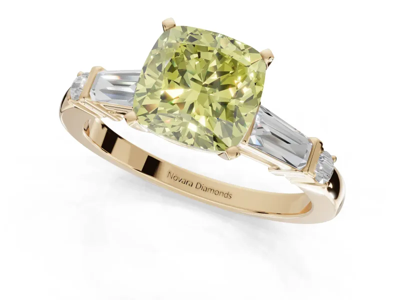 Cushion Cut Tapered Baguette Engagement Ring Setting for a Fancy Yellow Lab-Grown Diamond | Bar Set Sides | Yellow Gold