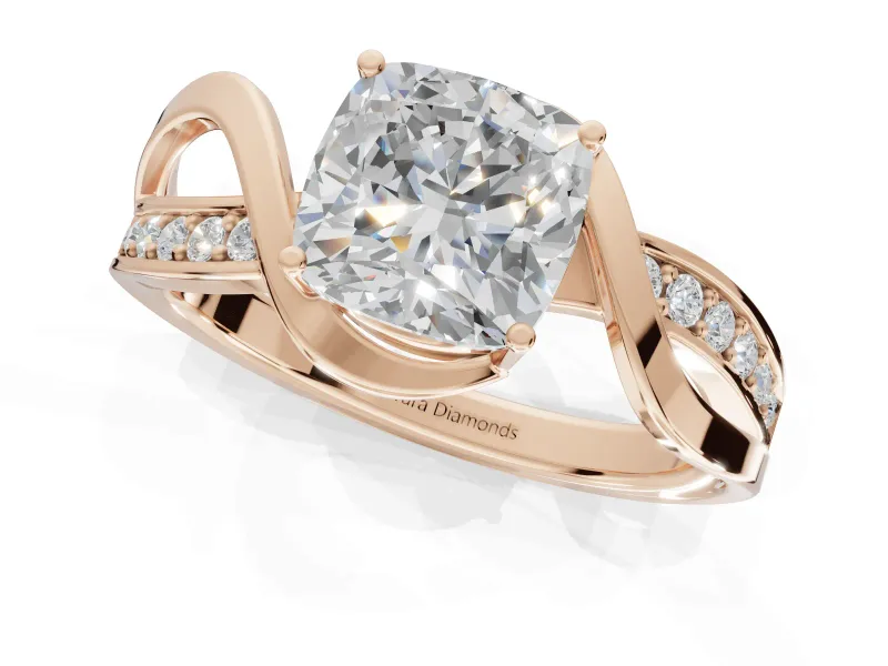 Cushion Cut Bypass Solitaire Engagement Ring Setting | Pavé and Plain Strands | Rose Gold