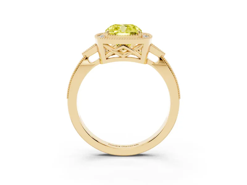 Cushion Cut Milgrain Halo Engagement Ring Setting for a Fancy Yellow Lab-Grown Diamond | Graduated Pavé | Yellow Gold