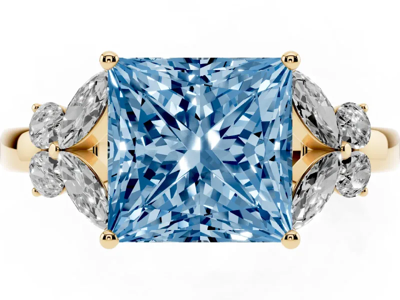 Fancy Blue Princess Cut Diamond Solitaire Floral Ring Set in Yellow gold with Marquise Petals and Prong Setting