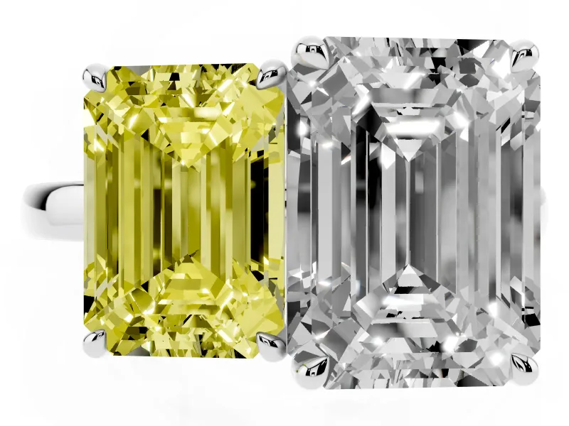 Fancy Yellow Emerald Cut and Emerald Cut Toi Moi Ring Set in Platinum with Prong Setting