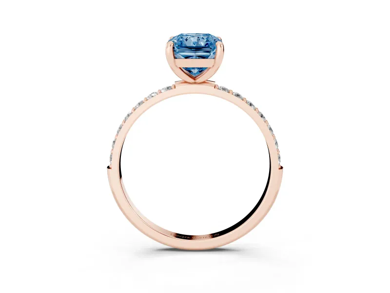 Fancy Blue Radiant Cut Diamond Solitaire Ring Set in Rose gold with Round Pavé Band and Prong Setting