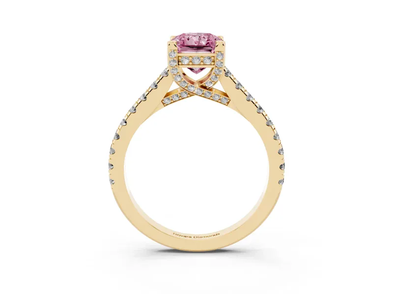 Radiant Cut Hidden Halo Pave Engagement Ring Setting for a Fancy Pink Lab-Grown Diamond | Claw Prongs | Yellow Gold